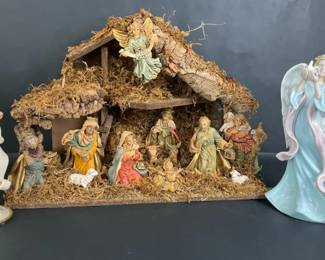 Nativity Creche with Figurines and Angel Decorations