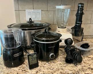 Kitchen Appliances Including Crock Pots Blender and Food Chopper