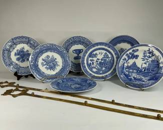 Spode Blue and White Transferware Plates with Brass Plate Racks