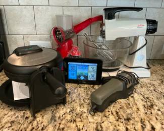 Kitchen Appliances Including Waffle Maker Mixer and Grater