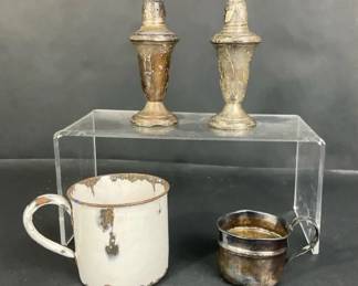 Sterling Silver Shakers Sterling Cup and Haas Prussia Enamel Mug