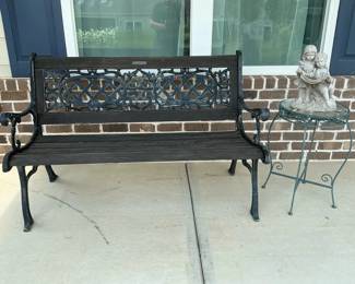 Outdoor Garden Bench, Metal Plant Stand and Garden Statue