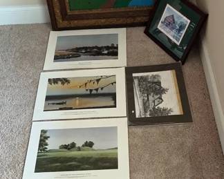 Signed Folk Art Painting With Framed Prints