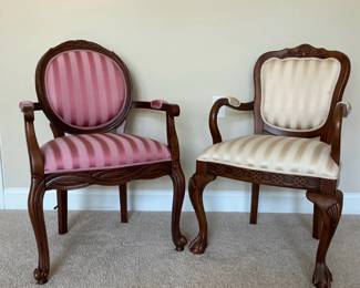 Pair of Upholstered Carved Wood Accent Armchairs