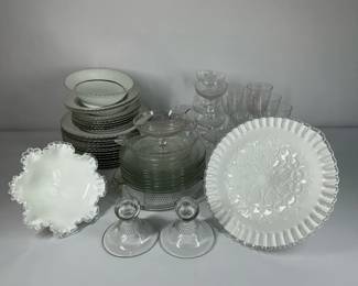 Milk Glass and Clear Pressed Glass Dinnerware and Serveware