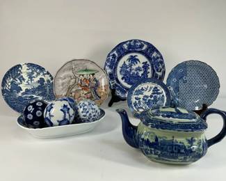 Shaffordshire Blue and White Plates, With Teapot and Decorative Plates
