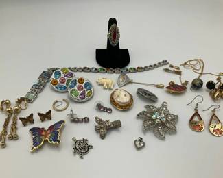 Costume Jewelry with Cameo Brooch Enamel Butterfly and Pins