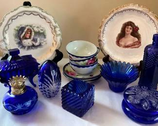 Cobalt Blue Glass, Crescent China Portrait Plates and Tea Set