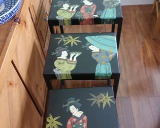 3 piece Asian painted stacking tables