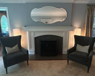 Set of Dark Grey Wingback Accent Chairs and Scalloped Mirror