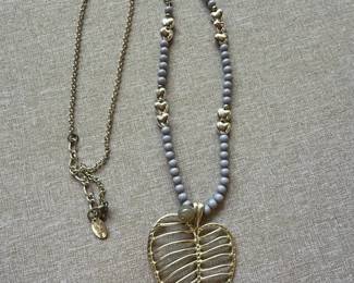 London Leaf Pendant Necklace with Grey Beads and Heart Charms