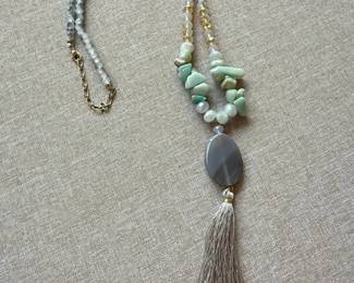 Beaded Tassel Necklace with Agate and Amazonite Pendant