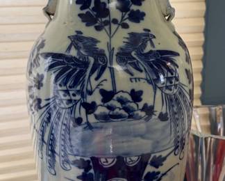 Hand-Painted Urn on Carved Wood Stand, Table Lamp (one of a pair)
