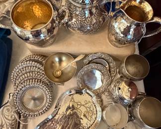Aesthetic Sterling Objects, Tea, Creamer, Sugar, Salts, Goblets, Scent Bottle, Flask, and Tray