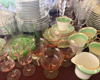 Pink and Green Glass and Stemware, Art Deco-Style Bone China Dessert Service by Shelly