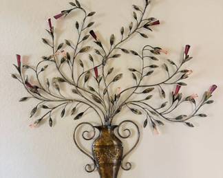 Metal Wall Art Vase with Floral Accents
