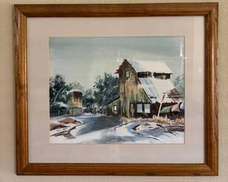 Winter Barn Scene Watercolor by Marie Gots