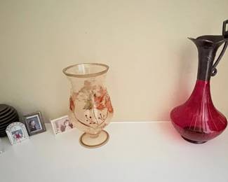 Vintage Amber Glass Vase with Floral Etching and Ruby Red Glass Pitcher with Metal Handle