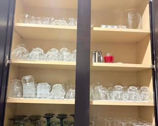 Assorted Vintage Glassware Set with Green Grapevine Goblets and Pressed Glass Cups