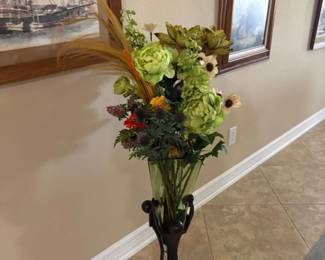 Artificial Floral Arrangement with Green Glass Vase and Metal Stand