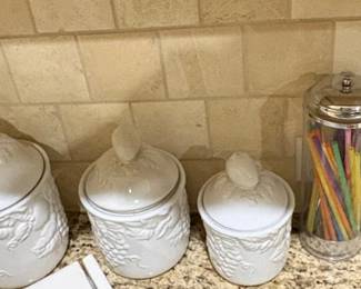 White Embossed Fruit and Grape Ceramic Canister Set with Lids