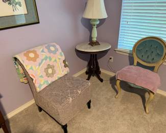 Victorian Slipper Chair and Tufted Accent Chair with Quilt