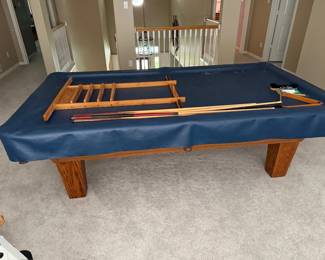 Oak Pool Table with Blue Felt