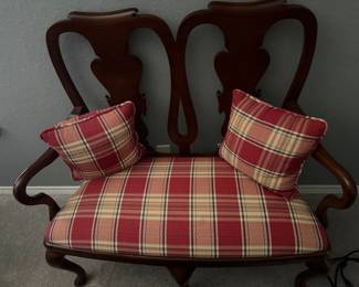 Antique Settee with Queen Anne Legs and Plaid Upholstery