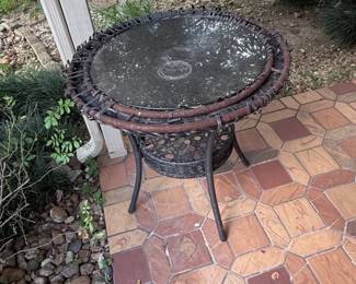 Vintage Wicker and Iron Round Patio Accent Table with Glass Top