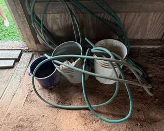 Assorted Utility Buckets and Garden Hose