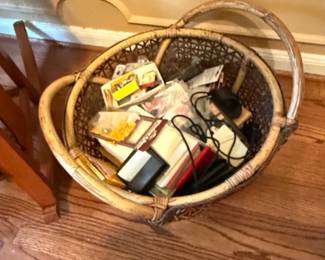 Vintage Wicker Gathering Basket with Assorted Contents