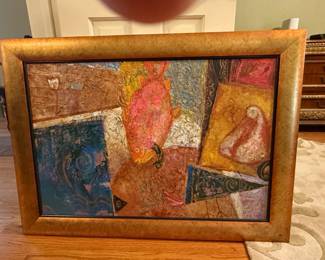 MidCentury Modern Abstract Oil Painting with Fish Motif