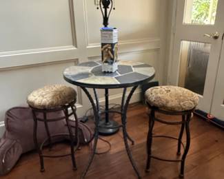 Wrought Iron Bistro Set with Mosaic Slate Top Table and Two Stools