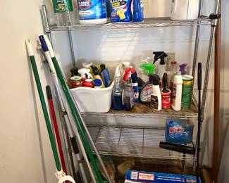 Assorted Household Cleaning Supplies with Tier Wire Storage Rack