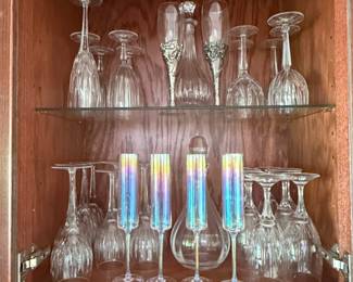Set of Iridescent Champagne Flutes and Assorted Vintage Glassware