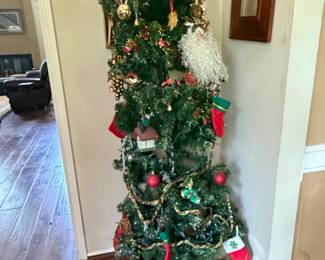 Predecorated Artificial Pencil Christmas Tree with Fleurdelis Hexagonal Wooden Stand