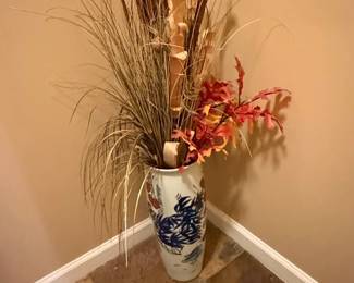 Decorative Ceramic Floor Vase with Blue and Rust Botanical Motif