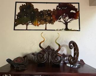 Modernist Metal Tree of Life Wall Art with Glass Sculptures