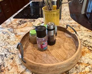Rustic Round Mango Wood Serving Tray with Iron Handles