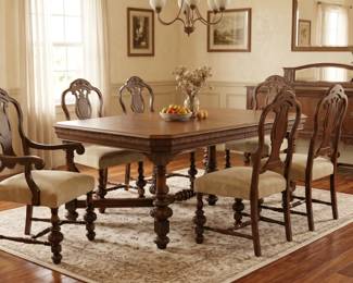 JACOBEAN REVIVAL CARVED WALNUT TABE & 6 CHAIRS