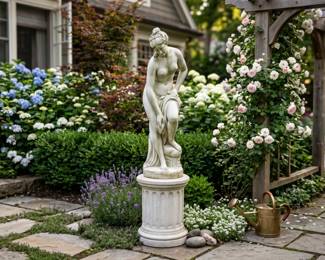A CLASSICAL CONCRETE GARDEN SCULPTURE & PEDESTAL