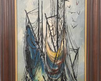 MID-CENTURY MODERN EXPRESSIONIST BOATS PAINTING