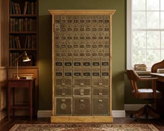 AN ANTIQUE OAK & BRASS POST OFFICE MAILBOX CABINET