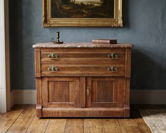  VICTORIAN EASTLAKE RED MARBLE-TOP WASHSTAND CABINET