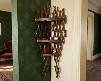 A VICTORIAN TRAMP ART LATTICE CORNER SHELF