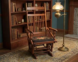 VICTORIAN MAPLE GLIDER CHAIR w NEEDLEPOINT CUSHION
