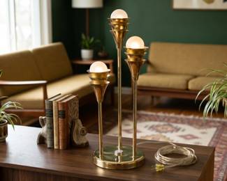 MID-CENTURY BRASS 3 LIGHT TRUMPET LAMP COSACK STYLE