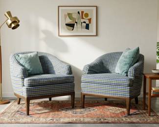PAIR MID-CENTURY MOD BARREL-BACK PLAID CLUB CHAIRS
