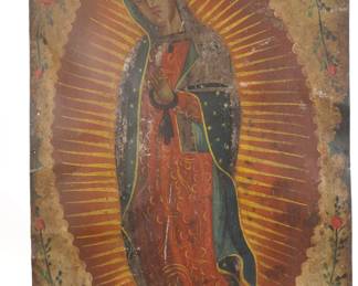 19c OUR LADY OF GUADALUPE OIL/TIN RETABLO PAINTING
