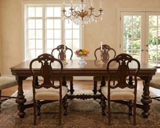 JACOBEAN REVIVAL CARVED WALNUT TABE & 6 CHAIRS